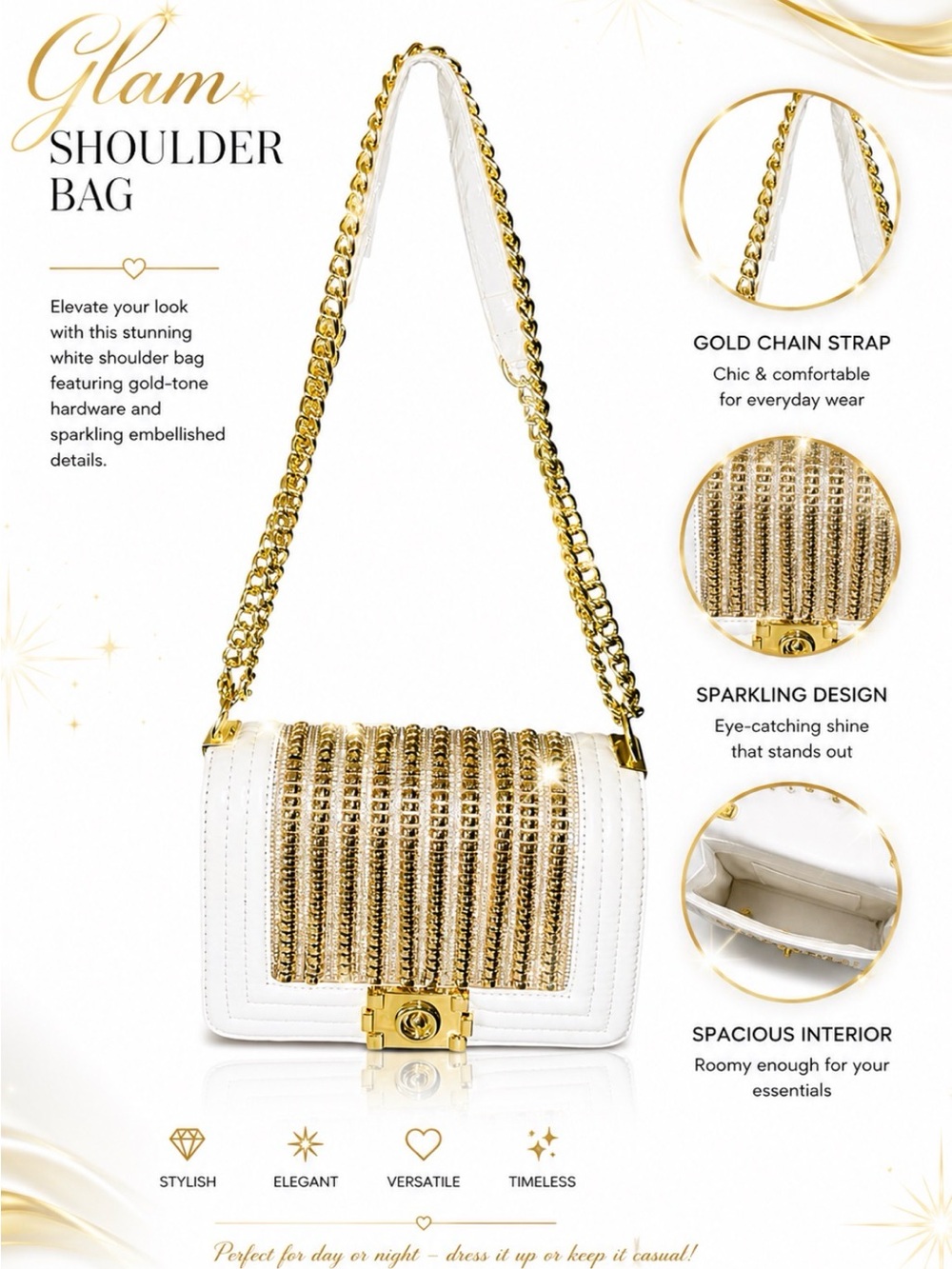 GLAM EMBELLISHED GOLDEN DAZZLE SHOULDER CROSSBODY BAG